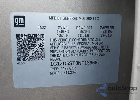 2022 Chevrolet Malibu Fwd Lt из США, поврежденный, VIN 1G1ZD5ST8NF136681